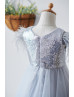 Feather Sleeves Silver Sequin Gray Tulle Amazing Flower Girl Dress